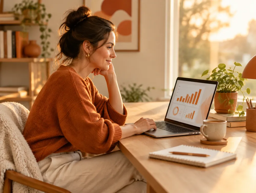 A partner working relaxed on a laptop in her study