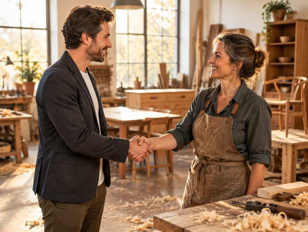 A partner greets the owner of a carpentry workshop