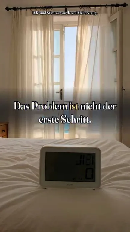 إعلان Freiheitspilot: منبّه على السرير، ونص بالألمانية «Das Problem ist nicht der erste Schritt.»