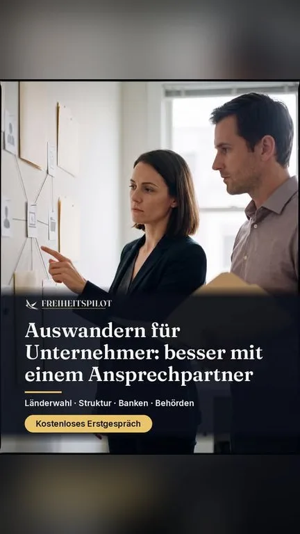 إعلان Freiheitspilot: جلسة استشارة أمام لوحة تعليق، ونص بالألمانية «Auswandern für Unternehmer: besser mit einem Ansprechpartner»